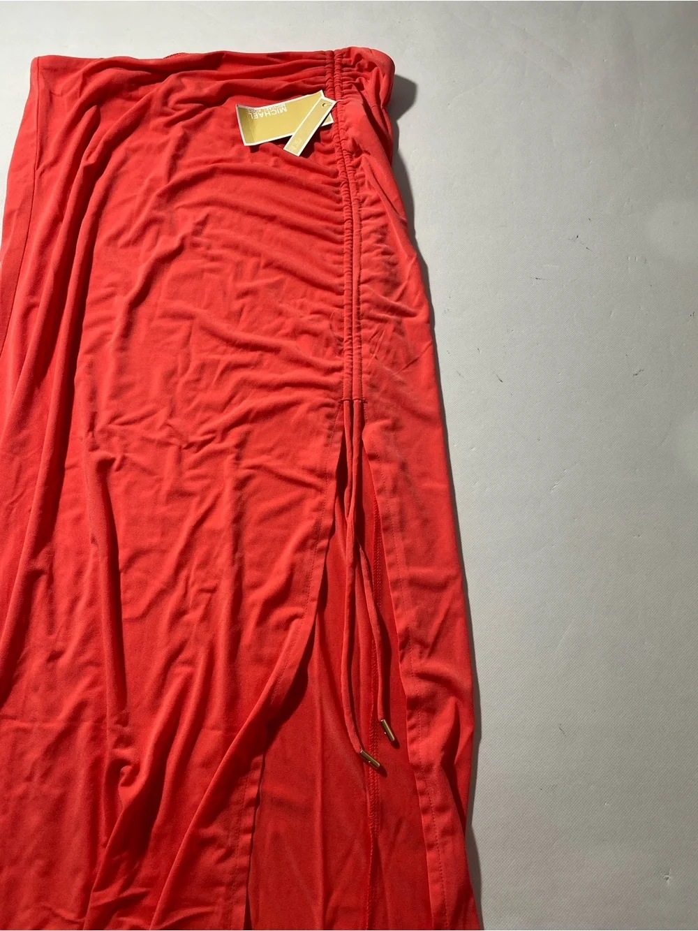 NEW Size L Womens Michael Kori Sangria Ruched Midi Skirt Polyester Elastane $98